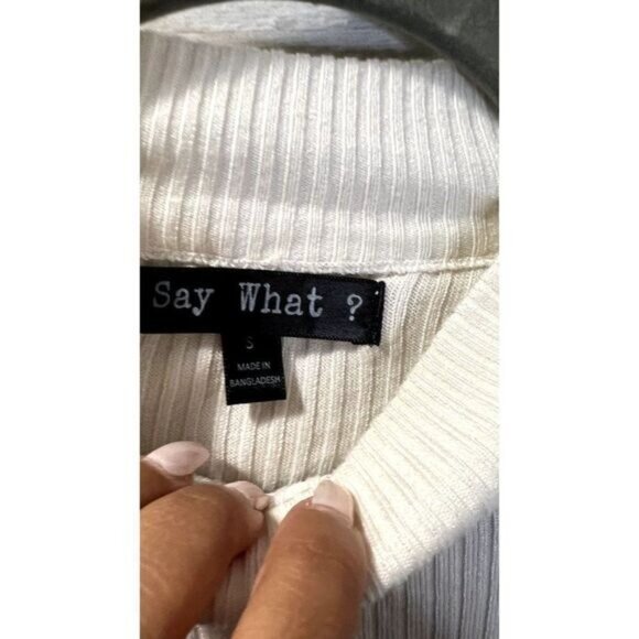 Say What? Women's Mock Neck Ribbed Knit Sweater with Denim Long sleeves - Picture 5 of 5